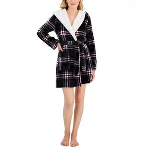 JENNI Women's Printed Short Sherpa Hooded Robe M/L Scotch Plaid NWT